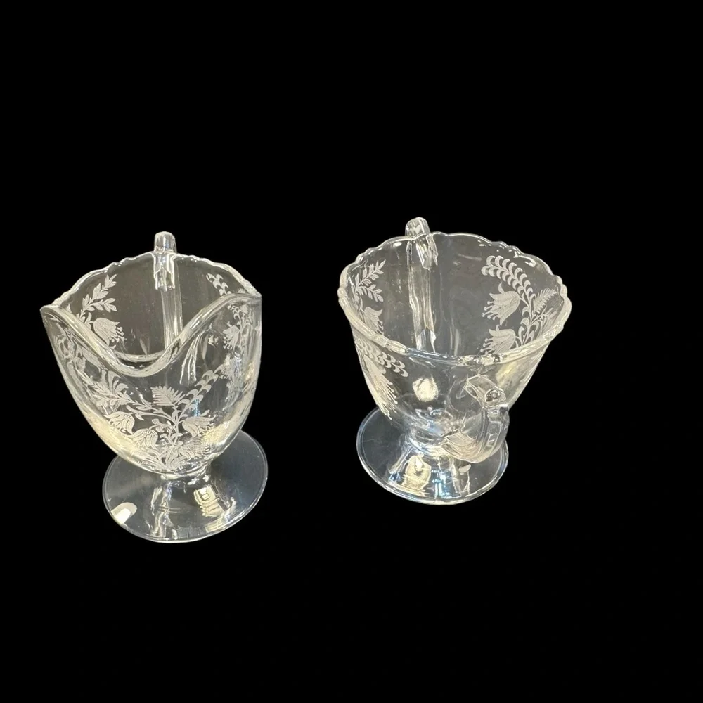 Vintage Tiffin Fuchsia Cream Sugar Etched Crystal Vintage Tea Coffee Serveware - Picture 4 of 11
